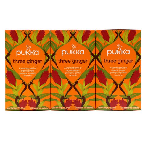 Pukka Herbs, Three Ginger Herbal Tea, Caffeine-Free, 3 Pack, 20 Herbal Tea Sachets Each فوائد