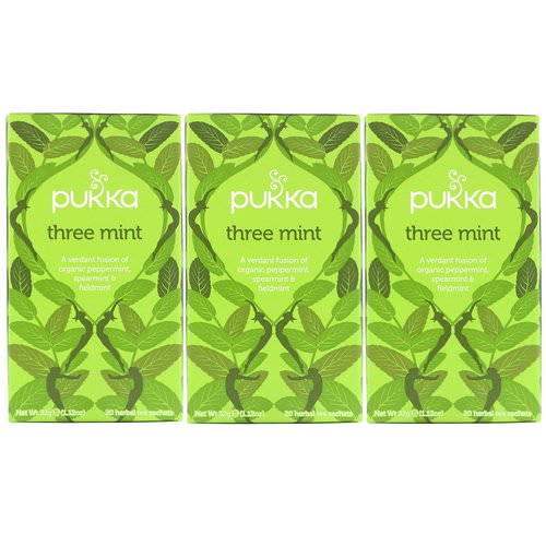 Pukka Herbs, Three Mint, Caffeine Free, 3 Pack, 20 Herbal Tea Sachets Each فوائد
