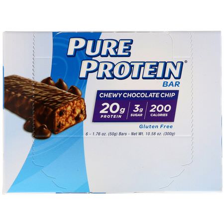 Pure Protein, Chew Chocolate Chip Bar, 6 Bars, 1.76 oz (50 g) Each:أل,اح بر,تين الحليب, قضبان بر,تين مصل الحليب