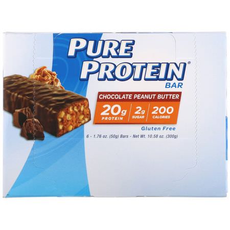 Pure Protein, Chocolate Peanut Butter Bar, 6 Bars, 1.76 oz (50 g) Each:أل,اح بر,تين الحليب, قضبان بر,تين مصل الحليب