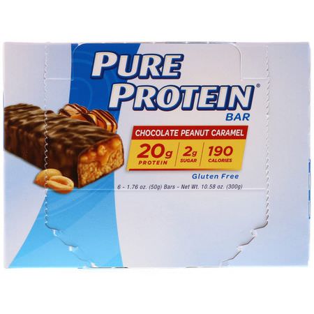 Pure Protein, Chocolate Peanut Caramel Bars, 6 Bars, 1.76 oz (50 g) Each:أل,اح بر,تين الحليب, قضبان بر,تين مصل الحليب