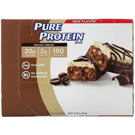 Pure Protein, Mocha Cream Bar, 6 Bars, 1.76 oz (50 g) Each:أل,اح بر,تين الحليب, قضبان بر,تين مصل الحليب
