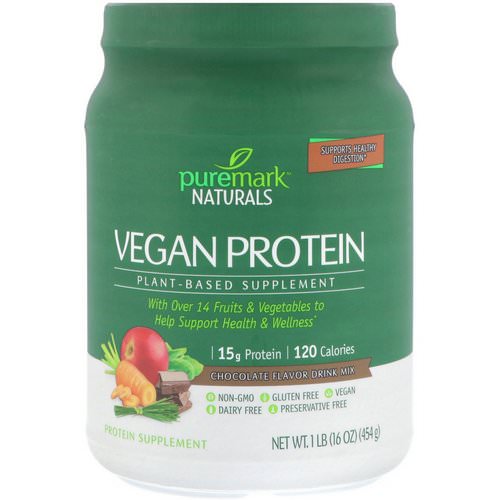 PureMark Naturals, Vegan Protein, Plant-Based Supplement, Chocolate Flavor Drink Mix, 16 oz (454 g) فوائد