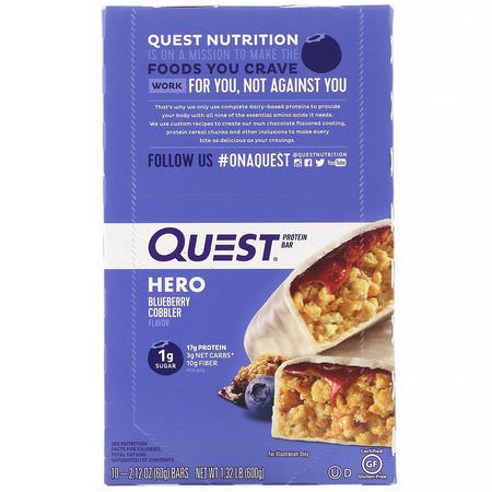 Quest Nutrition, Hero Protein Bar, Blueberry Cobbler, 10 Bars, 2.12 oz (60 g) Each:أل,اح بر,تين الحليب, أل,اح بر,تين مصل الحليب