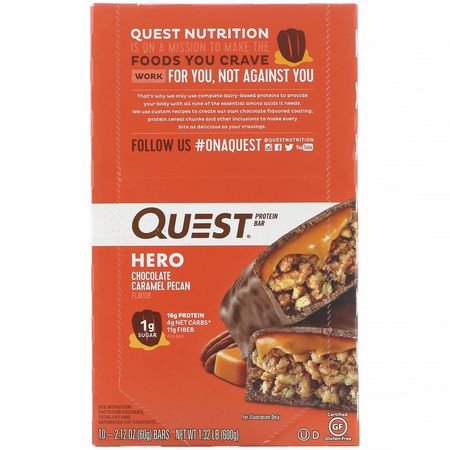 Quest Nutrition, Hero Protein Bar, Chocolate Caramel Pecan, 10 Bars, 2.12 oz (60 g) Each:أل,اح بر,تين مصل اللبن, أل,اح بر,تين الحليب