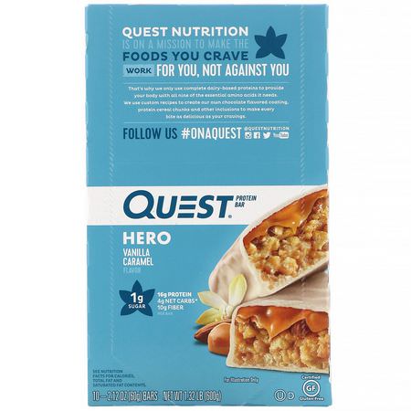 Quest Nutrition, Hero Protein Bar, Vanilla Caramel, 10 Bars, 2.12 oz (60 g) Each:أل,اح بر,تين مصل اللبن, أل,اح بر,تين الحليب