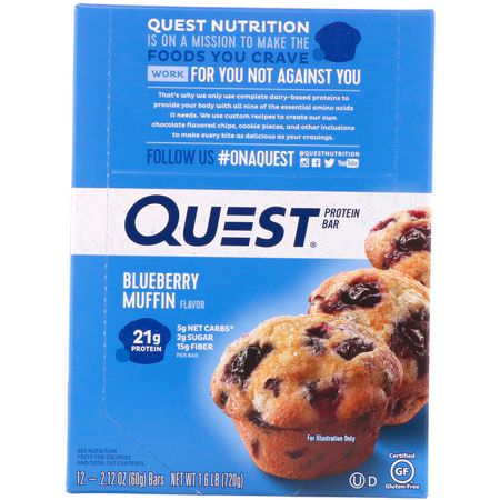 Quest Nutrition, Protein Bar, Blueberry Muffin, 12 Bars, 2.12 oz (60 g) Each:أل,اح بر,تين مصل اللبن, أل,اح بر,تين الحليب