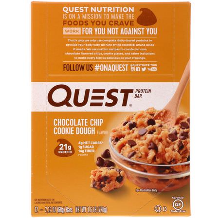 Quest Nutrition, Protein Bar, Chocolate Chip Cookie Dough, 12 Bars, 2.12 oz (60 g) Each:أل,اح بر,تين مصل اللبن, أل,اح بر,تين الحليب