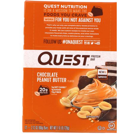 Quest Nutrition, Protein Bar, Chocolate Peanut Butter, 12 Bars, 2.12 oz (60 g) Each:أل,اح بر,تين مصل اللبن, أل,اح بر,تين الحليب