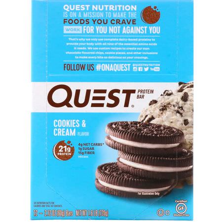 Quest Nutrition, Protein Bar, Cookies & Cream, 12 Bars, 2.12 oz (60 g) Each:أل,اح بر,تين مصل اللبن, أل,اح بر,تين الحليب
