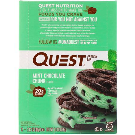 Quest Nutrition, Protein Bar, Mint Chocolate Chunk, 12 Bars, 2.12 oz (60 g) Each:أل,اح بر,تين مصل اللبن, أل,اح بر,تين الحليب