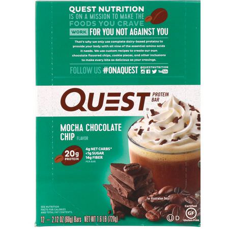 Quest Nutrition, Protein Bar, Mocha Chocolate Chip, 12 Bars, 2.12 oz (60 g) Each:أل,اح بر,تين مصل اللبن, أل,اح بر,تين الحليب