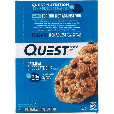 Quest Nutrition, Protein Bar, Oatmeal Chocolate Chip, 12 Bars, 2.12 oz (60 g) Each:أل,اح بر,تين مصل اللبن, أل,اح بر,تين الحليب