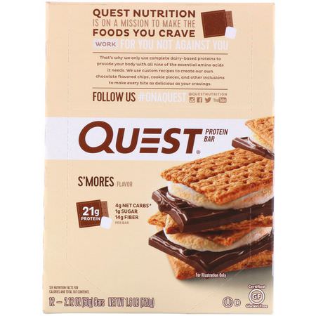 Quest Nutrition, Protein Bar, S'mores, 12 Bars, 2.12 (60 g) Each:أل,اح بر,تين مصل اللبن, أل,اح بر,تين الحليب