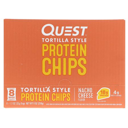 Quest Nutrition, Tortilla Style Protein Chips, Nacho Cheese, 8 Bags, 1.1 oz (32 g ) Each:,جبات خفيفة,جبات خفيفة من البر,تين
