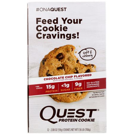 Quest Nutrition, Protein Cookie, Chocolate Chip, 12 Pack, 2.08 oz (59 g) Each:ملفات تعريف ارتباط البر,تين,جبات البر,تين الخفيفة