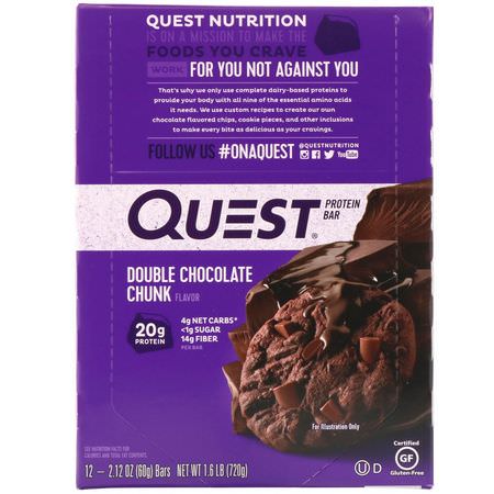 Quest Nutrition, Protein Bar, Double Chocolate Chunk, 12 Bars, 2.12 oz (60 g) Each:أل,اح بر,تين مصل اللبن, أل,اح بر,تين الحليب