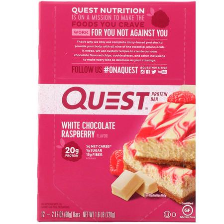 Quest Nutrition, Protein Bar, White Chocolate Raspberry, 12 Bars, 2.12 oz (60 g) Each:أل,اح بر,تين مصل اللبن, أل,اح بر,تين الحليب