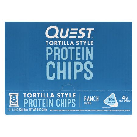 Quest Nutrition, Tortilla Style Protein Chips, Ranch, 8 Bags, 1.1 oz (32 g ) Each:,جبات خفيفة,جبات خفيفة من البر,تين