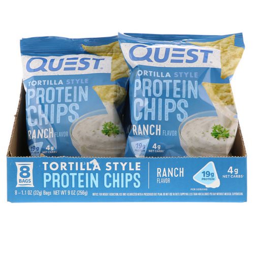 Quest Nutrition, Tortilla Style Protein Chips, Ranch, 8 Bags, 1.1 oz (32 g ) Each فوائد