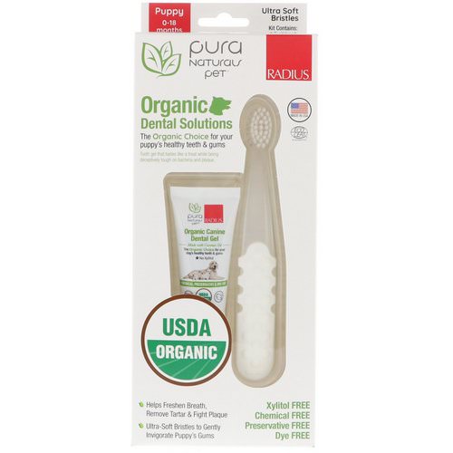 RADIUS, Organic Dental Solutions, Ultra Soft Bristles, Puppy, 0-18 Months, 1 Toothbrush + .8 oz Tooth Gel فوائد