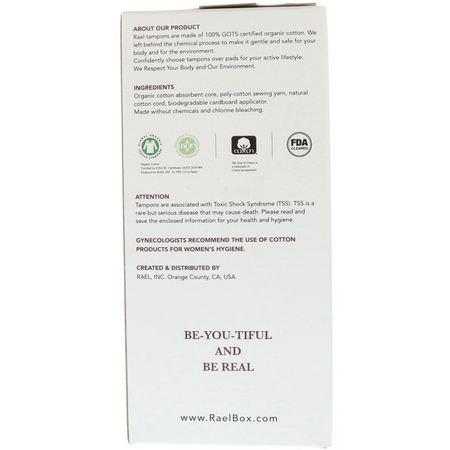 Rael, 100% Organic Cotton Tampons With Biodegradable Applicator, Regular, 16 Tampons:حفائظ, نظافة أنث,ية