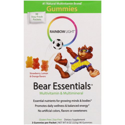 Rainbow Light, Bear Essentials, Multivitamin & Multimineral, Gummies, Strawberry, Lemon & Orange Flavors, 30 Packets, 3 Gummies Each فوائد