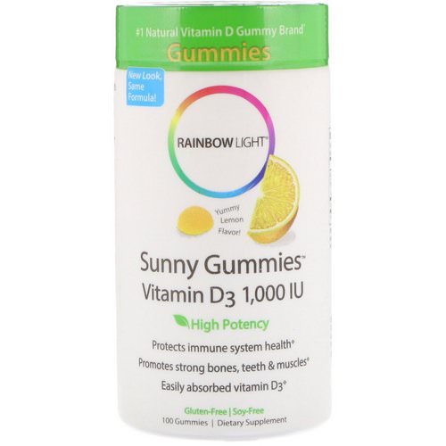 Rainbow Light, Sunny Gummies Vitamin D3, Lemon Flavor, 1,000 IU, 100 Gummies فوائد