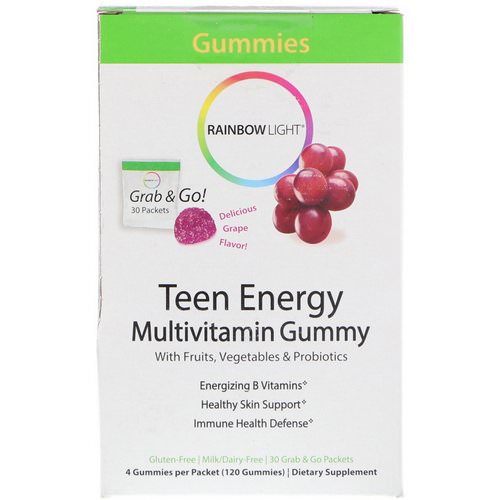 Rainbow Light, Teen Energy Multivitamin Gummy, Grape Flavor, 30 Packets, 4 Gummies Each فوائد