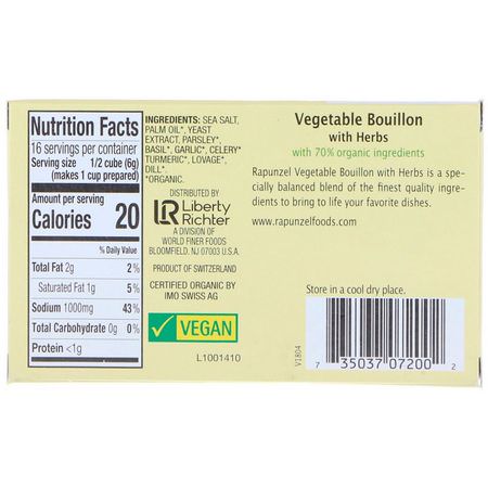 Rapunzel, Vegan Vegetable Bouillon with Herbs, 8 Cubes 3.1 oz (88 g):Bouillon, Broths