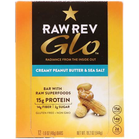 Raw Rev, Glo, Creamy Peanut Butter & Sea Salt, 12 Bars, 1.6 oz (46 g) Each:البارات الغذائية, البارات البر,تينية النباتية