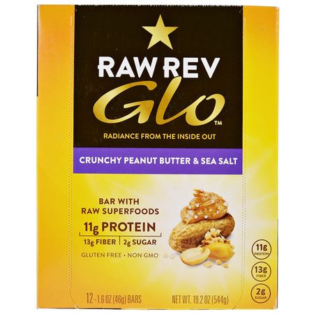 Raw Rev, Glo, Crunchy Peanut Butter & Sea Salt, 12 Bars, 1.6 oz (46 g):الحانات الغذائية