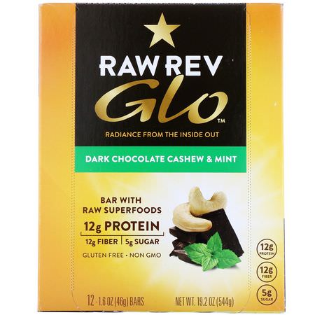 Raw Rev, Glo, Dark Chocolate Cashew & Mint, 12 Bars, 1.6 oz (46 g) Each:البارات الغذائية, البارات البر,تينية النباتية