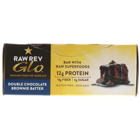 Raw Rev, Glo, Double Chocolate Brownie Batter, 12 Bars, 1.6 oz (46 g) Each:الحانات الغذائية