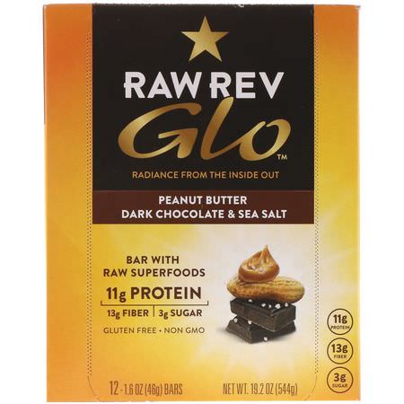 Raw Rev, Glo, Peanut Butter Dark Chocolate & Sea Salt, 12 Bars, 1.6 oz (46 g) Each:البارات الغذائية, البارات البر,تينية النباتية