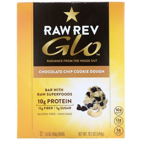 Raw Rev, Glo, Chocolate Chip Cookie Dough, 12 Bars, 1.6 oz (46 g) Each:البارات الغذائية, البارات البر,تينية النباتية