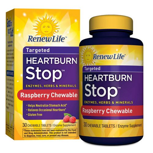 Renew Life, Heartburn Stop, Raspberry Flavor, 30 Chewable Tablets فوائد