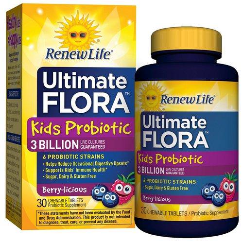 Renew Life, Ultimate Flora, Kids Probiotic, Berry-licious, 3 Billion Live Cultures, 30 Chewable Tablets فوائد
