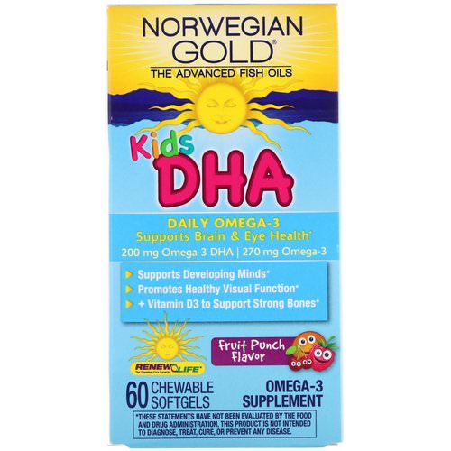 Renew Life, Norwegian Gold, Kids DHA, Fruit Punch Flavor, 60 Chewable Softgels فوائد