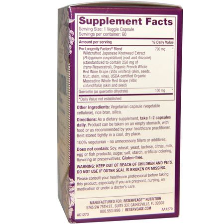 ReserveAge Nutrition, Resveratrol, Cellular Age-Defying Formula, 250 mg, 60 Veggie Caps:ريسفيراتر,ل, مضادات الأكسدة