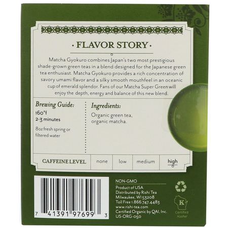 Rishi Tea, Organic Green Tea, Matcha Gyokuro, 15 Tea Bags, 1.48 oz (42 g):الشاي الأخضر, شاي ماتشا