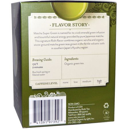 Rishi Tea, Organic Green Tea, Matcha Super Green, 15 Tea Bags 1.43 oz (40.5 g):شاي ماتشا, الشاي الأخضر