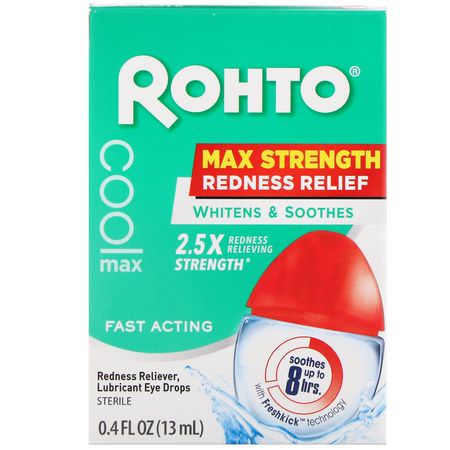 Rohto, Cooling Eye Drops, Max Strength Redness Relief, 0.4 fl oz (13 ml):قطرات العين, العناية بالعي,ن