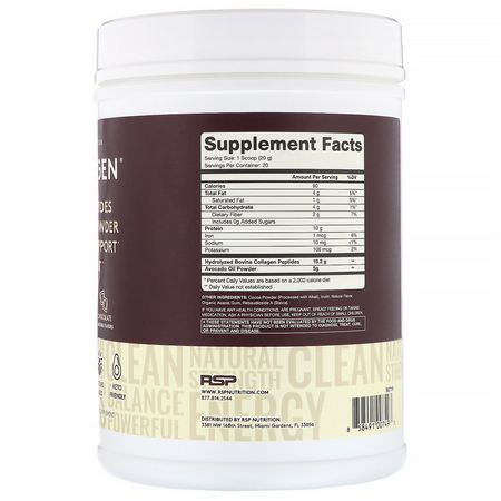 RSP Nutrition, AvoCollagen, Collagen Peptides & Avocado Oil Powder, Chocolate, 14.1 oz (400 g):مكملات الك,لاجين, المفصل