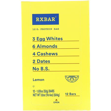 RXBAR, Protein Bar, Lemon, 12 Bars, 1.83 oz (52 g) Each:أشرطة البر,تين النباتي, أشرطة البر,تين