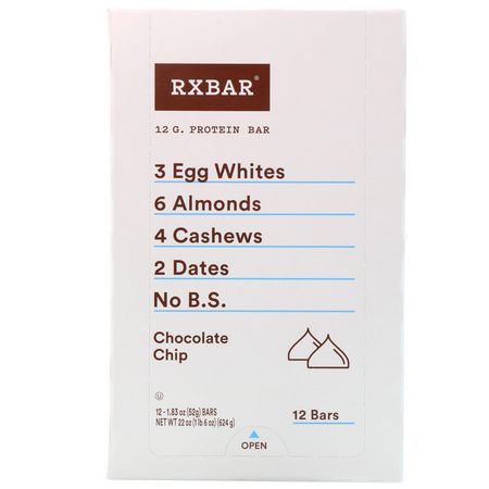 RXBAR, Protein Bars, Chocolate Chip, 12 Bars, 1.83 oz (52 g) Each:الحانات الغذائية
