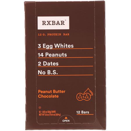 RXBAR, Protein Bars, Peanut Butter Chocolate, 12 Bars, 1.83 oz (52 g) Each:أشرطة البر,تين النباتي, أشرطة البر,تين