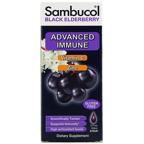 Sambucol, Black Elderberry Syrup, Advanced Immune, Vitamin C + Zinc, Natural Berry, 4 fl oz (120 ml) فوائد
