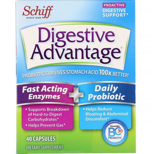Schiff, Digestive Advantage, Fast Acting Enzymes + Daily Probiotic, 40 Capsules فوائد