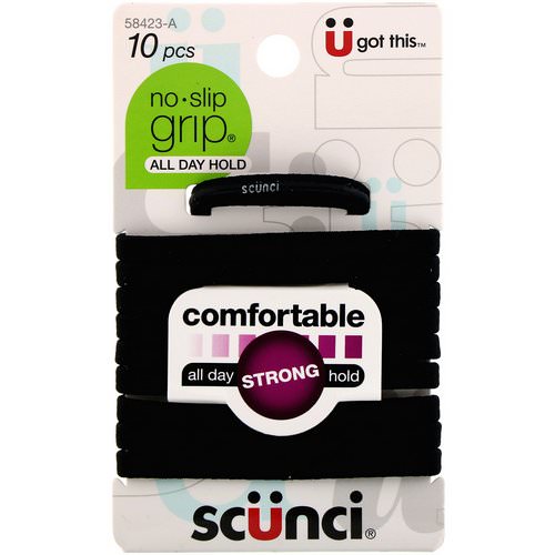 Scunci, No Slip Grip Elastics, Comfortable, All Day Strong Hold, Black, 10 Pieces فوائد